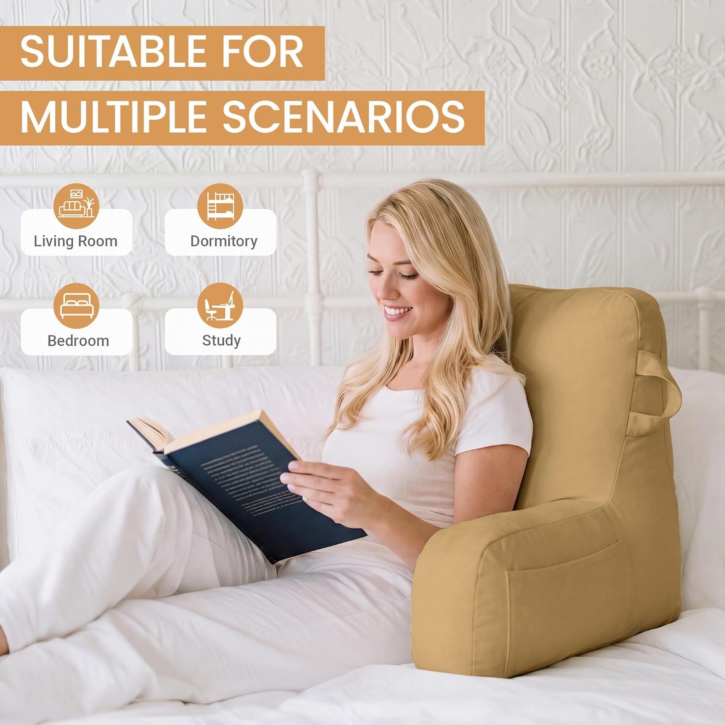 Portable Comfy Reading Pillows for Bed Sitting Up(Camel Oeko-Tex), Velvet Back Pillow with Arms & Pockets for Adults, Support Memory Foam Bed Pillow for Dorm/Reading/Watching/Gaming