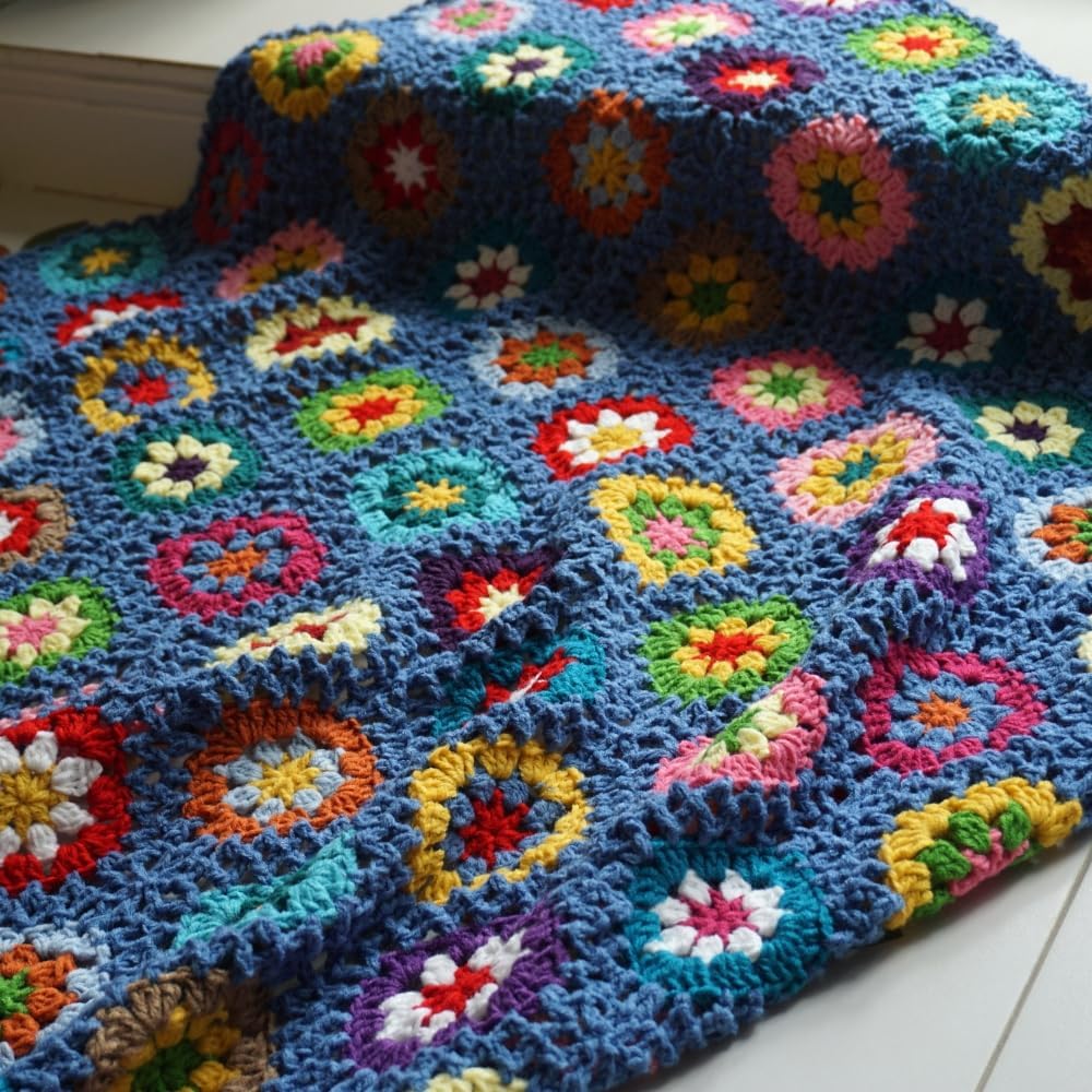 Handmade Granny Square Crochet Throw Blanket, Boho Patchwork Knitted Blanket for Couch Sofa Bed, Soft Decorative Afghan Blanket, Vintage Farmhouse Home Decor, Handmade Gift for Women59”x39”