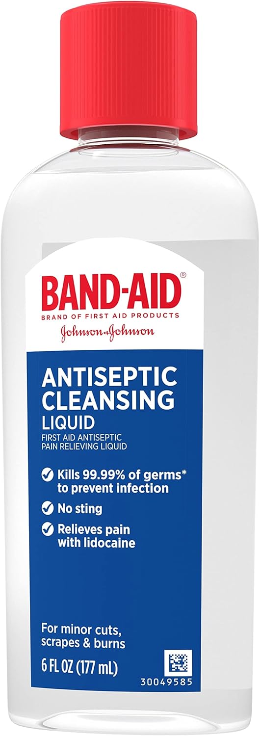 Band-Aid Brand Antiseptic Cleansing Liquid, First Aid Antiseptic Wash Relieves Pain & Kills Germs, with Benzalkonium Cl Wound Antiseptic & Lidocaine HCl Topical Analgesic, 6 fl. oz