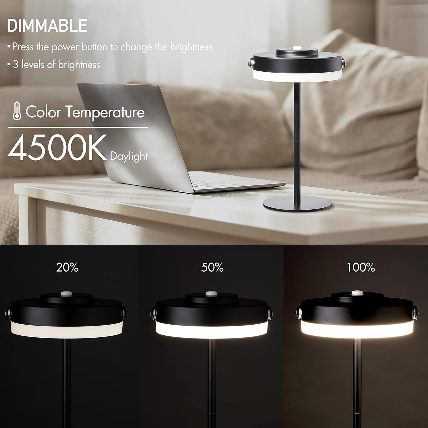 O’Bright Thurlow - Portable LED Lamp for Outdoor/Indoor, Built-in Rechargeable Battery, IP44 Water Resistant, Adjustable Height, Travel Light, Camping Lantern, Patio Table Lamp, Night Lamp, Black