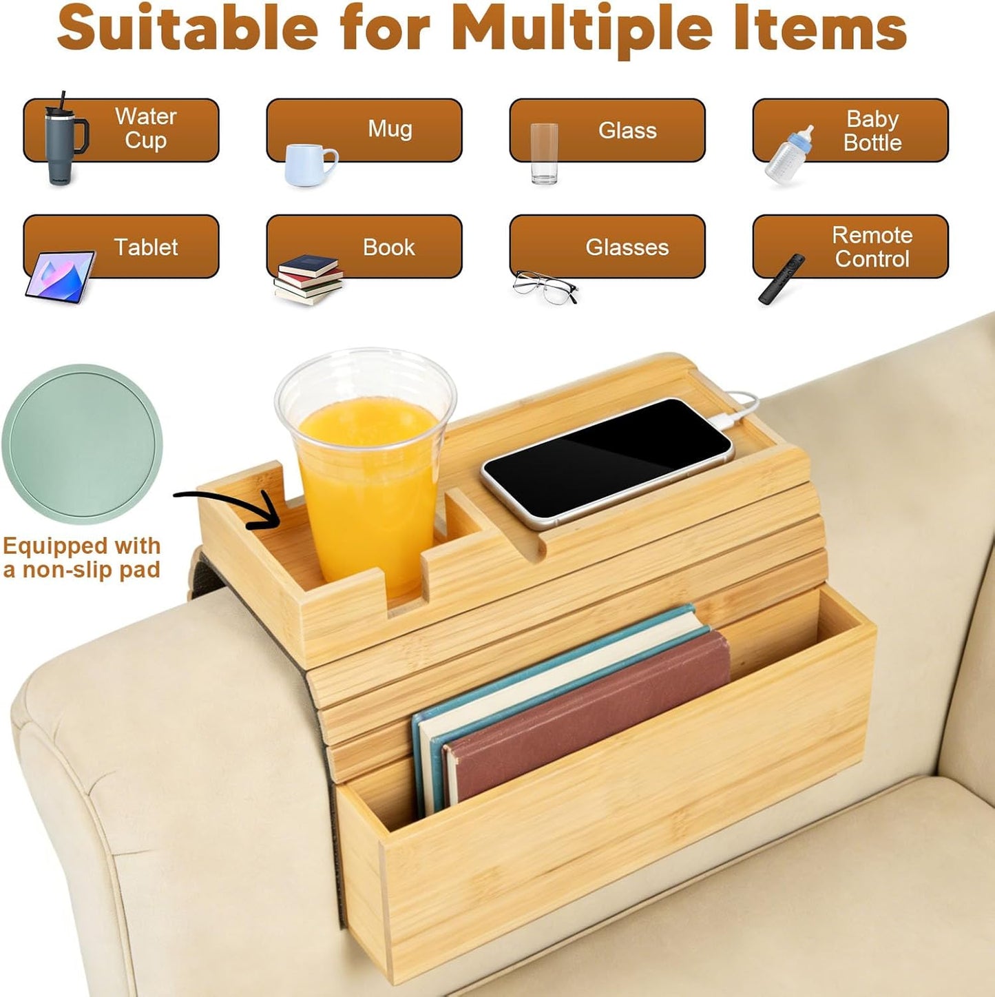 Bamboo Couch Armrest Table Foldable Sofa Arm Tray with Storage, Anti-Slip Cup Holder & Coaster, Splash-Proof Remote Holder for Snacks Phones Tablets TV Tray Couch Caddy Fits Armrests 4.5” and Wider