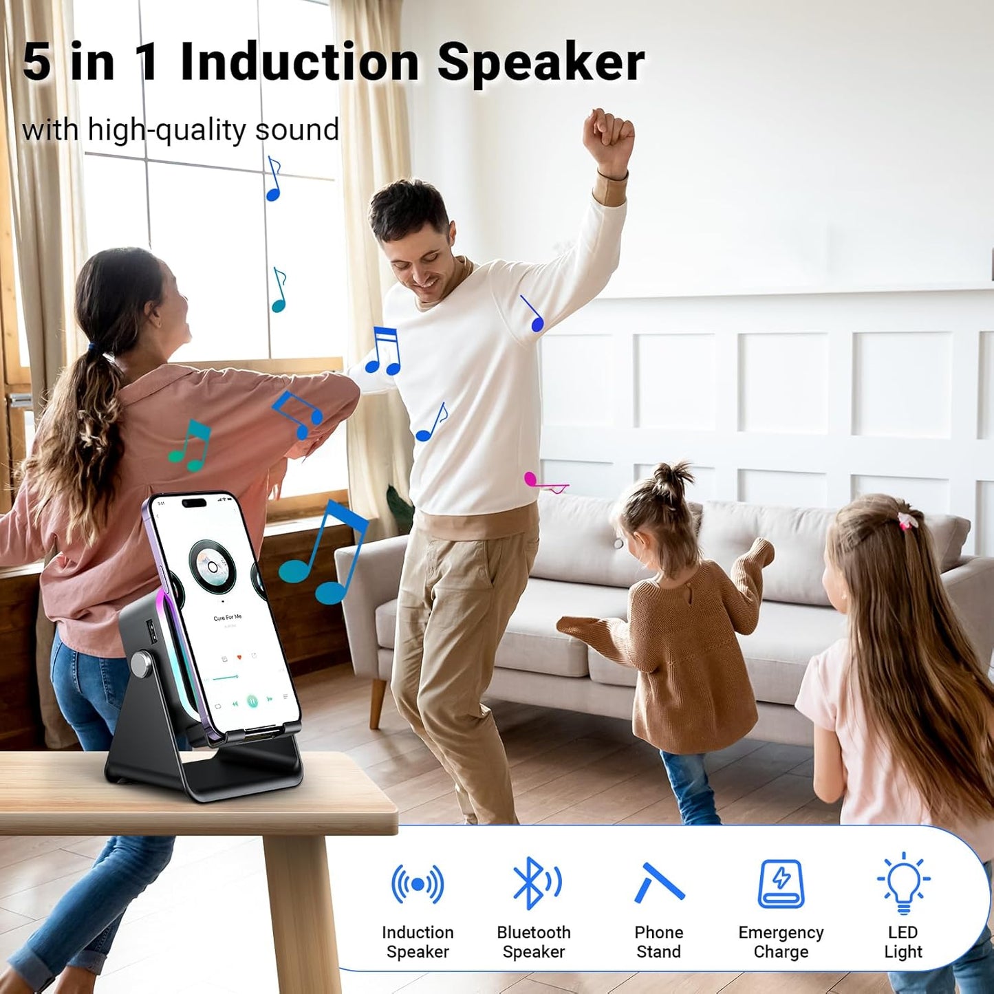 Induction Speaker with Phone Stand 5 in 1 Wireless Induction Bluetooth Audio for iPhone Android Phone Speakers Amplifier with Rechargeable Colorful Light, Birthday Gifts for Men Women Teens (Black)
