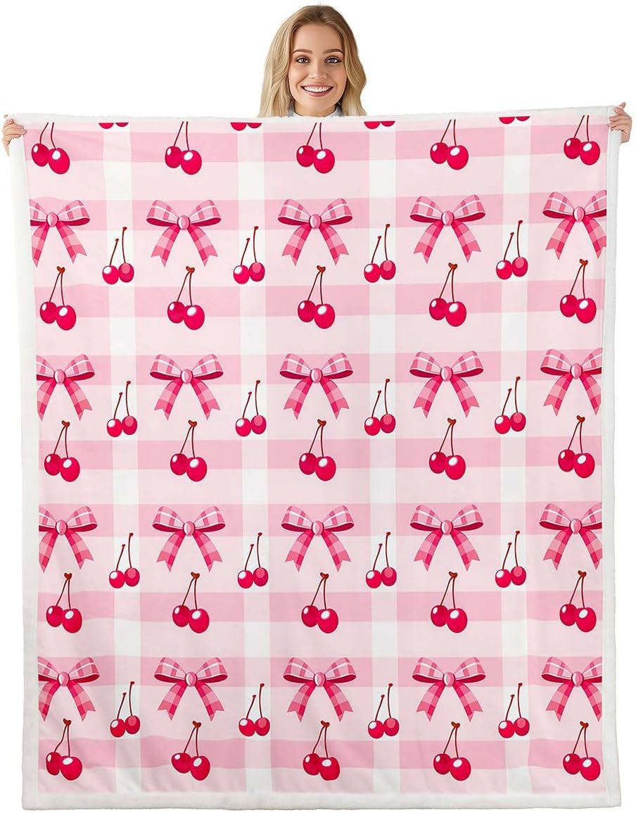 Feelyou Cute Bowknot Sherpa Throw Blanket for Couch Pink Plaid Super Cozy Fleece Red Cherry Blanket for Winter, Plush Throw Kawaii Bow Baby 30"x40" All Season