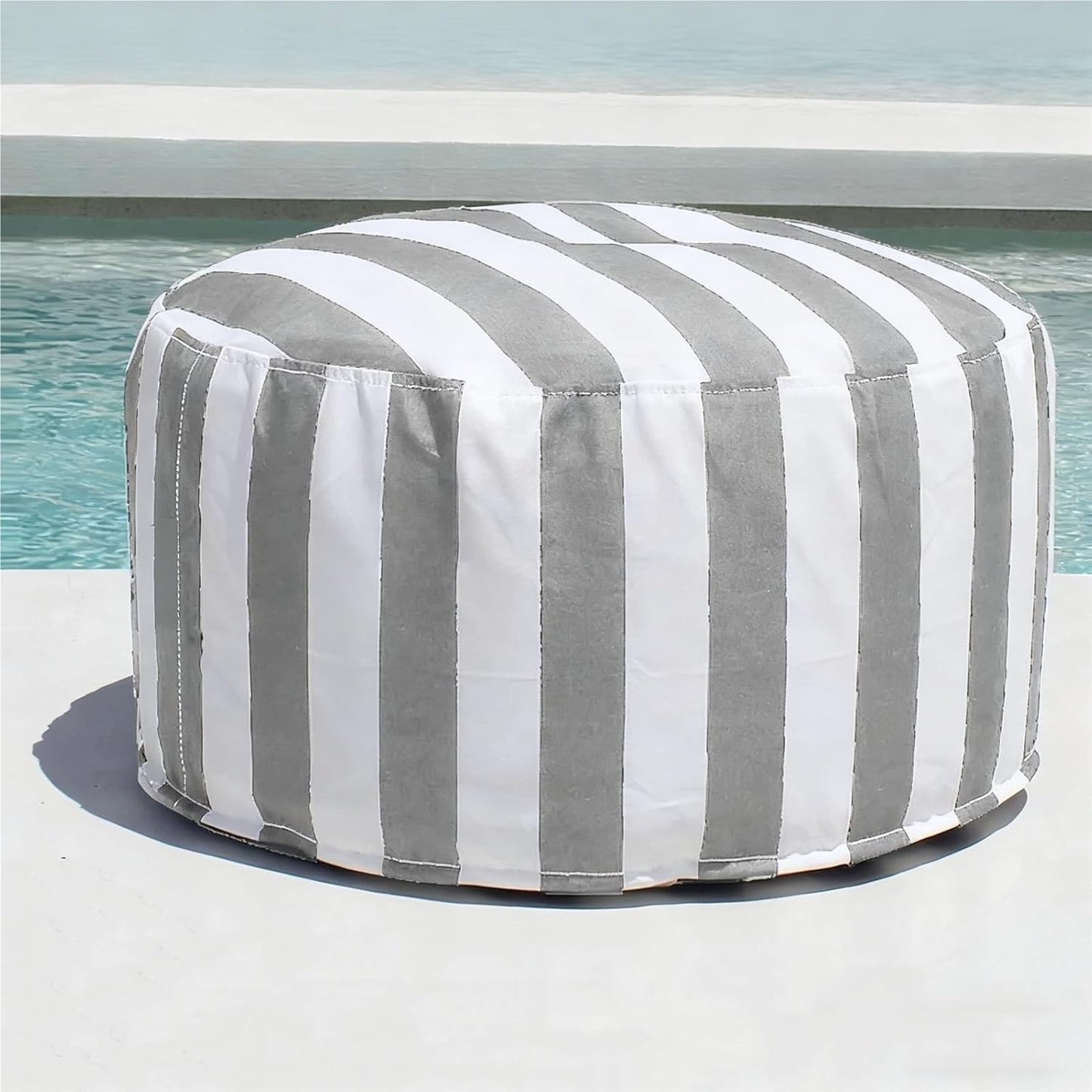 Outdoor Waterproof Round Stripe Pouf Ottoman Cover Footstool Without Filler Beach Garden Beanbag Pouf Puff Salon Floor Seat Futon Stool Bench Swim Pool Ottoman Footrest Stool(Lightgrey)