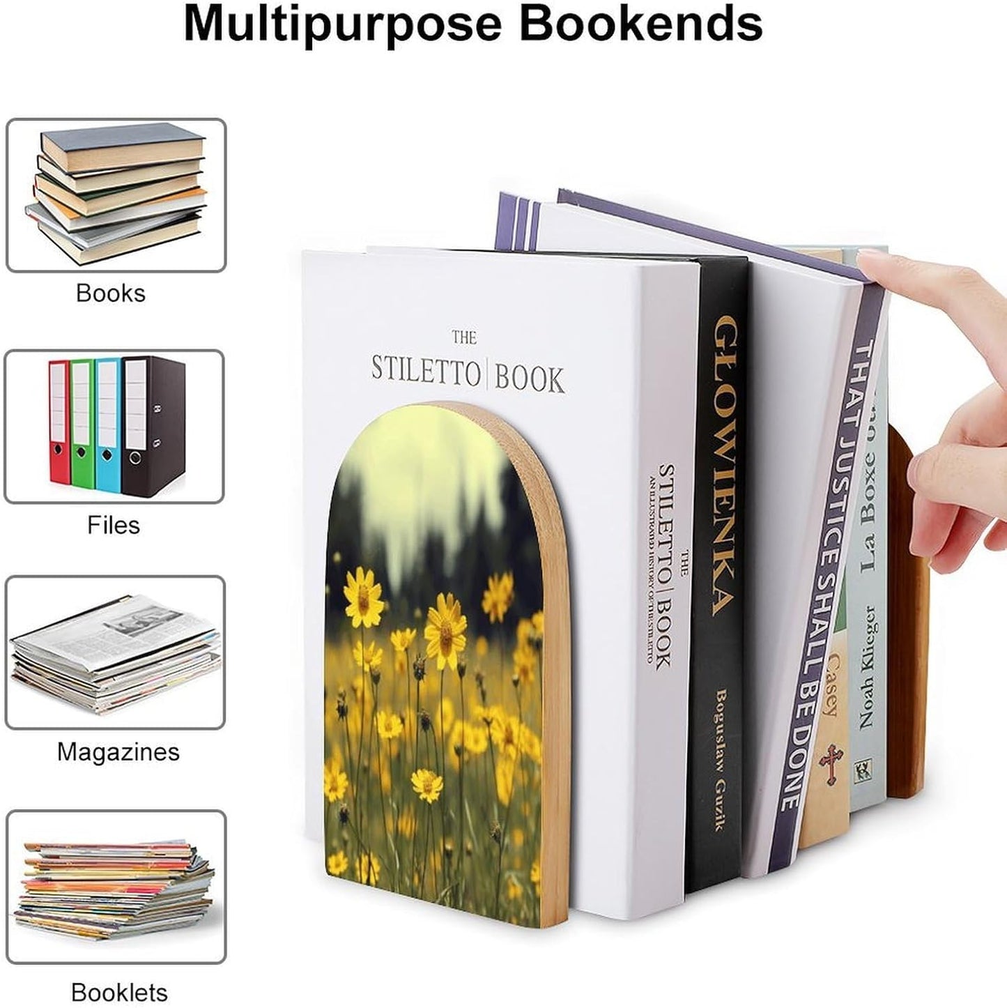 Summer Yellow Flowers Bookend for Shelves Wooden Book End Large Size Sturdy Book Holders Stoppers with Metal Base for Bookshelves Slick Decorative Bookends Stands