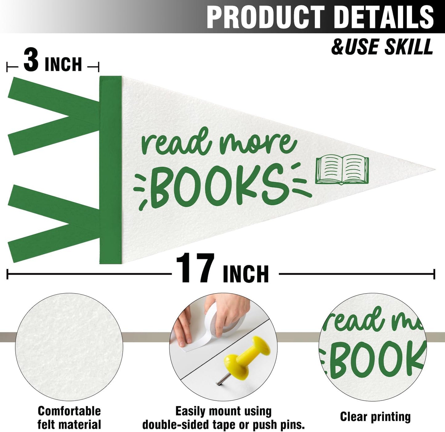 JXREQ Read More Books Pennants Banners Flags for Kids Room Decor, Green Minimalist Reading Canvas Wall Art Decor for Nursery Toddler Reading Room Corner Nook Classroom Library, 8x17 Inch