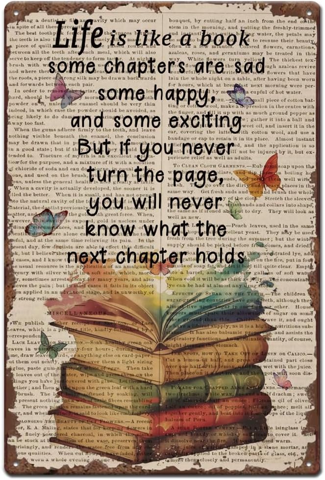 SUPERDANT Life is Like A Book Tin Signs Books Butterfly Metal Tin Sign Poster Motivational Text Vintage Art Decor for Classroom Library Cafe Coffee Bar Reading Room Plaque Home Bedroom Wall Decoration