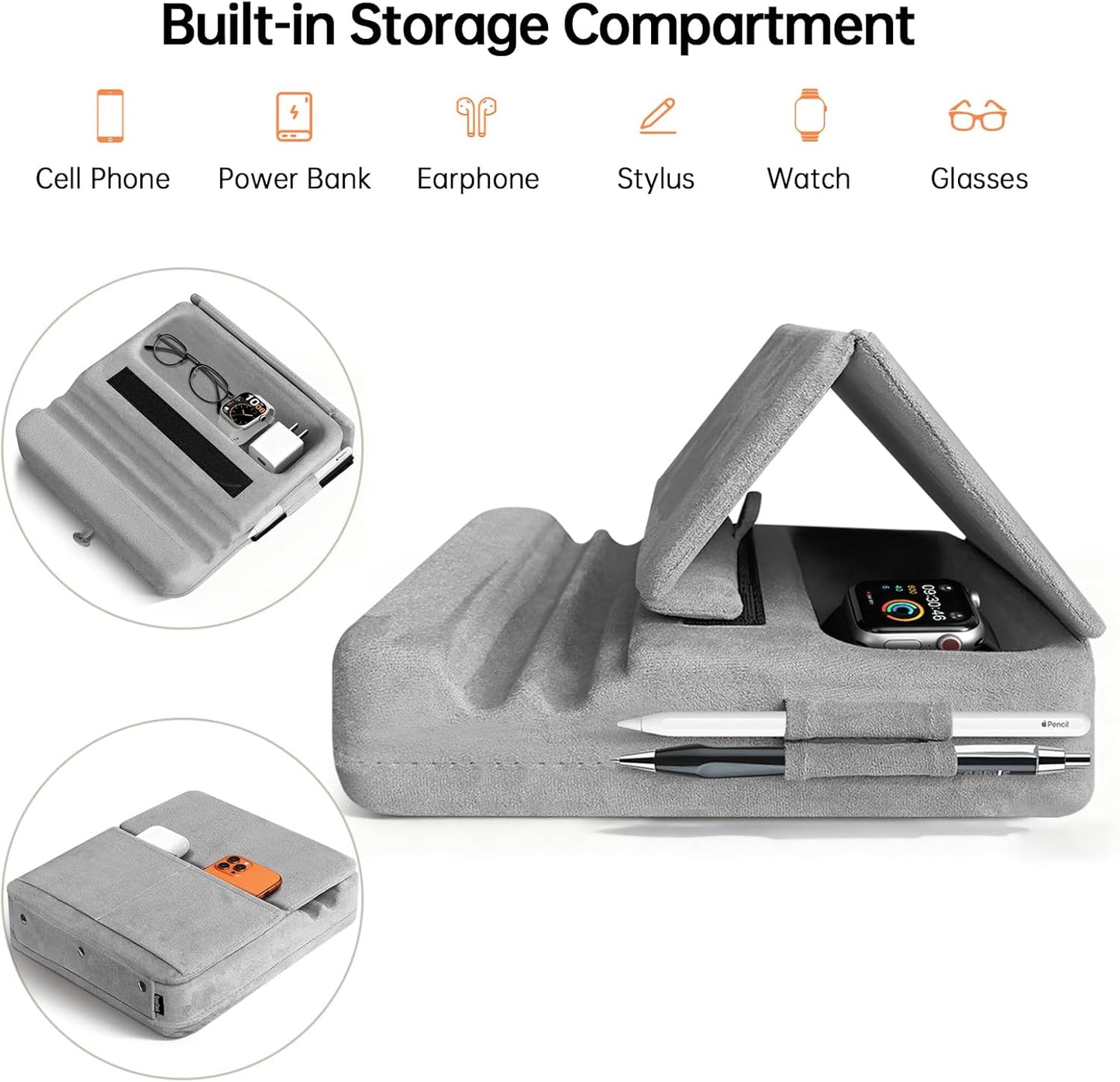 Tablet Pillow Stand with Storage, Foldable iPad Holder for Lep, Bed, Sofa, and Desk - Soft Pad Dock with Pocket and Stylus Mount Compatible with 4-13" iPad Pro/Air/Mini, Galaxy Tab, Kindle