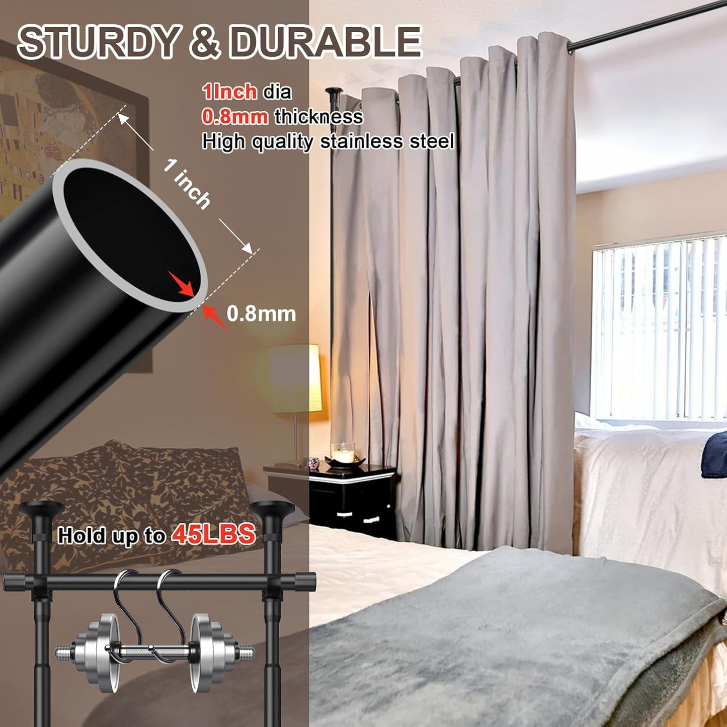 Room Divider Curtain Rod, Divider for Room Separation, 60-120inch(H) 48-120inch(W) Adjustable Room Separator, Heavy Duty Curtain Divider for Room Separation, Room Separators Divider Wall, Matt Black