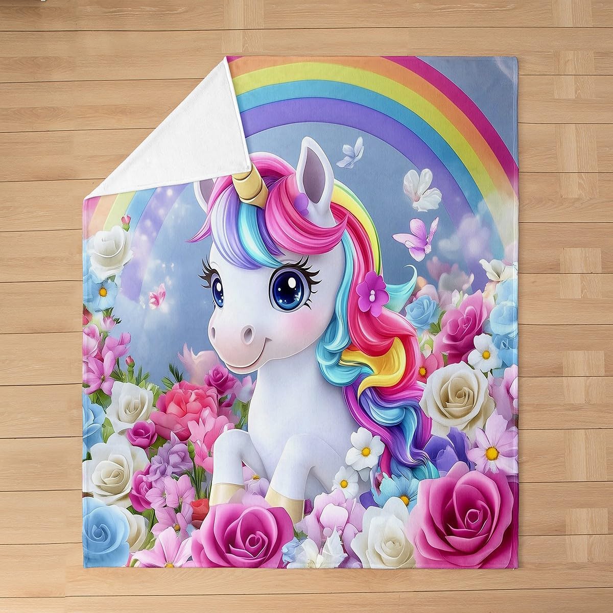 Feelyou Rainbow Unicorn Fuzzy Blanket Queen 90"x90" Cute Unicorn Flannel Fleece Throw Blanket Dreamy Horse Floral Blossom All Season Bed Blanket for Sofa Couch Room Decor Unicorn Glitter Plush Blanket
