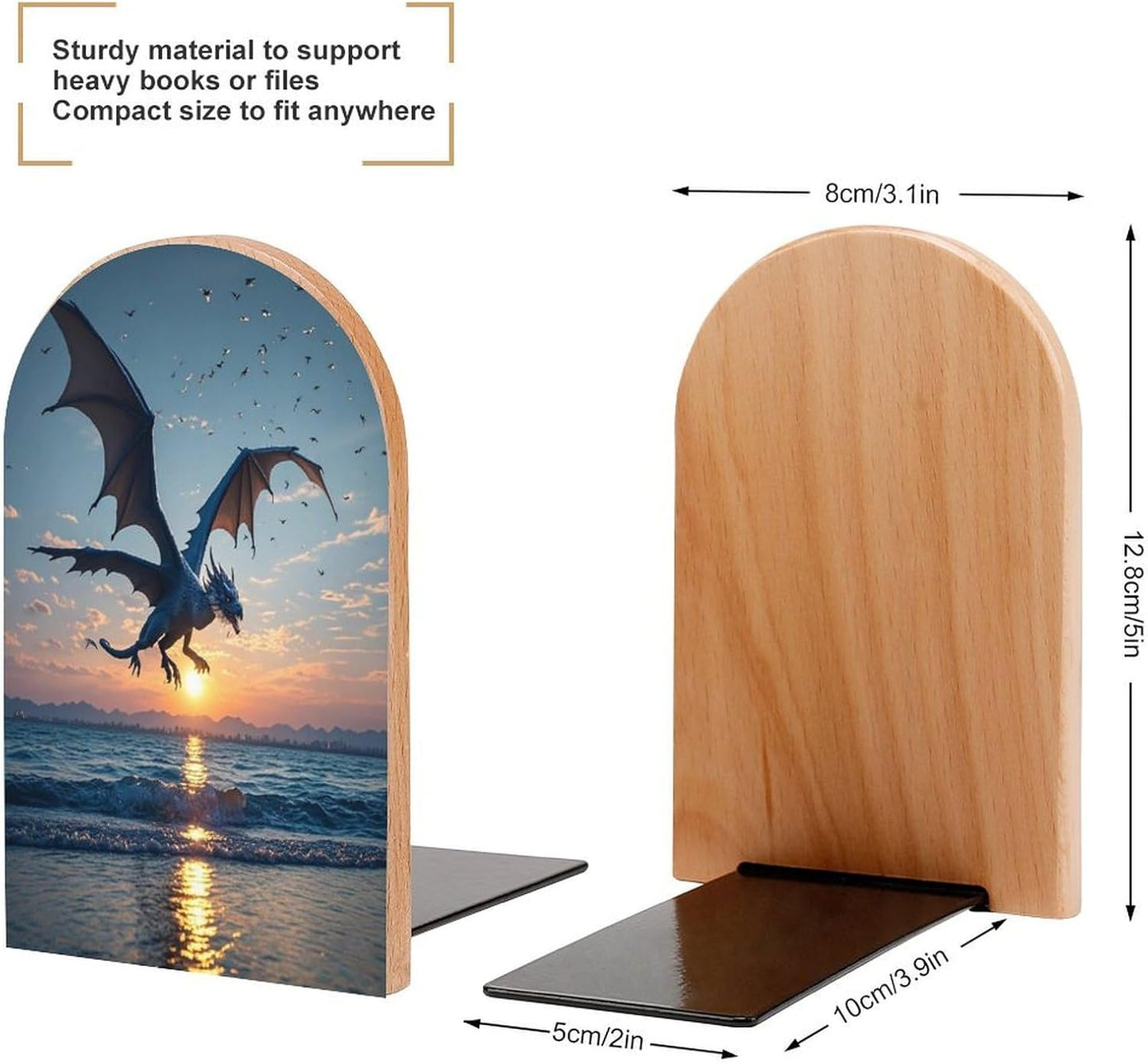 Sea Sunset Flying Dragon Bookends 1 Pair Heavy Duty Book Ends for Shelves Non-Skid Bookend Supports Wooden Book Holders with Metal Base Desk Organizers Books Storage to Hold Books