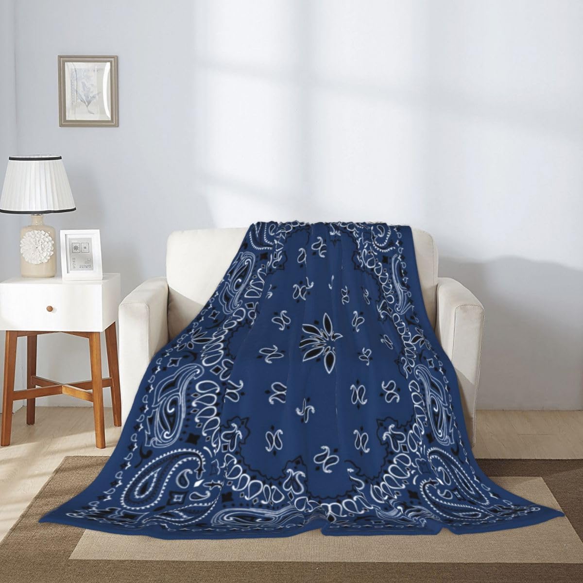 Home Decor Throw Blanket, Blue Paisley Bandana Scarf Classic, Warm Soft Cozy Flannel Bed Blankets for Bed, Couch, Sofa and Chair, All Seasons Suitable, 80x60 inches