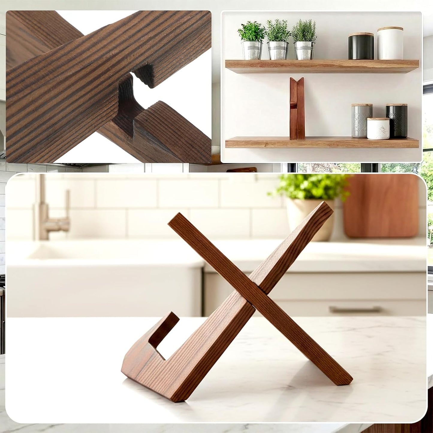 Cookbook Stand Holder for Kitchen Display, Wooden Recipe Book Holder for Kitchen Counter, Detachable Cook Book Stands for Compact Storage, Rustic Cook Bookholder Stand for Recipe, Photo (Brown)