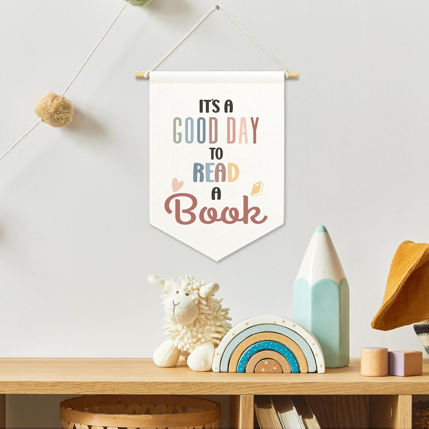 It's A Good Day to Read A Book Kids Room Decor, Boho Reading Classroom Banner Canvas, Nursery Wall Hanging Decor Art Pennant Flag for Reading Nook Corner Playroom Toddler Room Library 11x15in