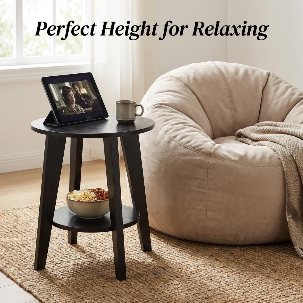 Small Round Side Table - 17.7" Cute End Table with 2-Tier Storage - Waterproof Low Nightstand for Kids Room, Nursery, Small Spaces, Plant Stand & Bean Bag (Black)