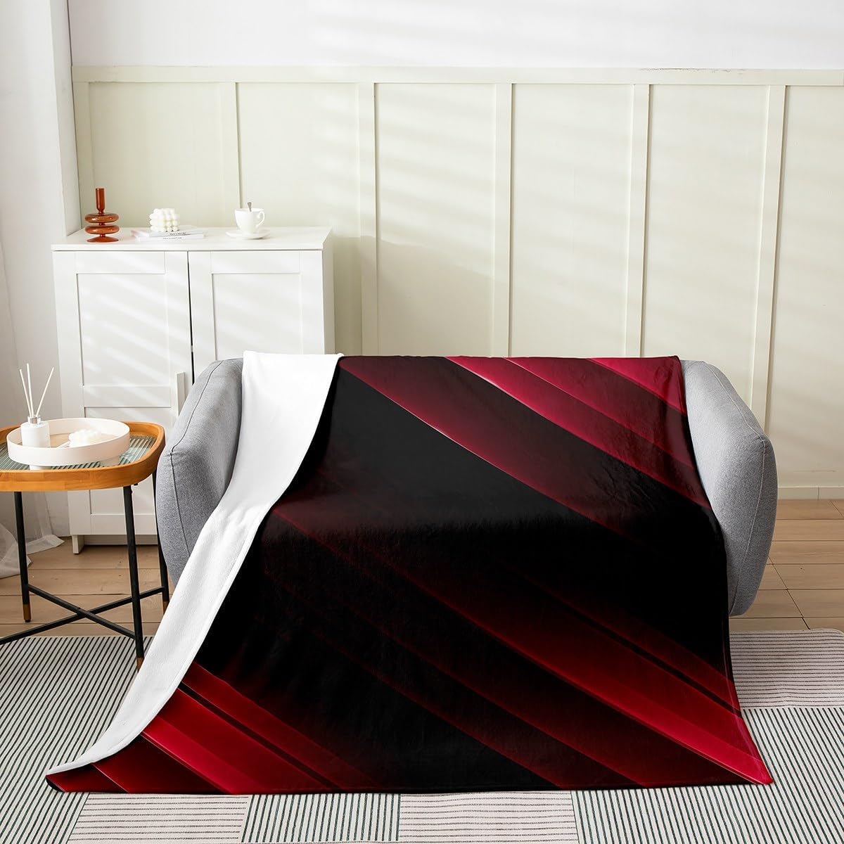 Feelyou Kids Red and Black Geometric Flannel Blanket Twin 60"x80" Modern Abstract Ombre Fleece Throw Blanket for Boys Girls Bedroom Striped Decor Plush Blanket Women Men Fuzzy Blanket