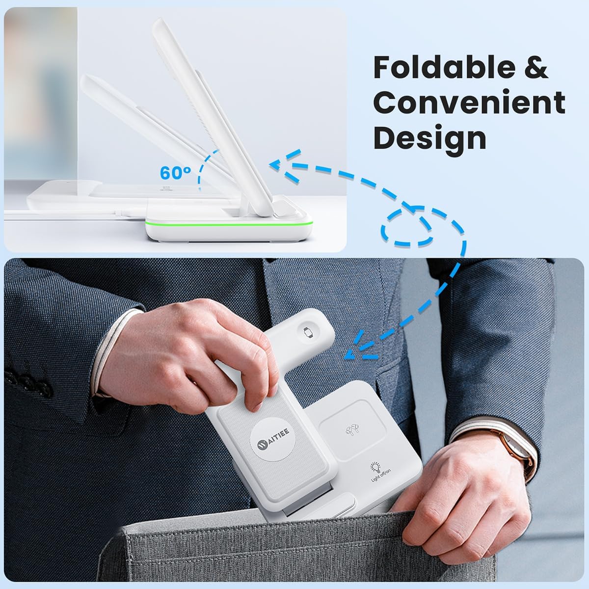 WAITIEE Wireless Charger 3 in 1, 15W Fast Charging Station for Apple Watch 10/9/8/Ultra 2/Ultra/SE/7/6/5/4/3/2, for AirPods 4/3/2/Pro for iPhone 16/15/14/13 /Plus/Pro/Pro Max/12/11(White)