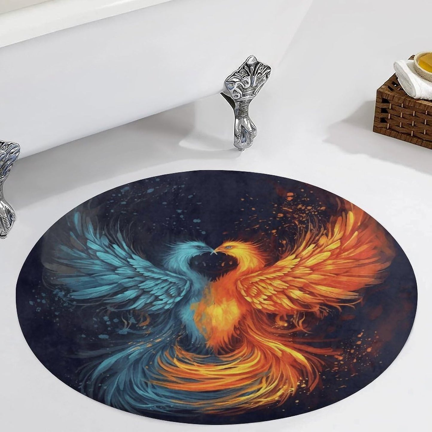 Fire and Water Phoenix Circle Rug Retro Luxury Coral Velvet Floor Mat Non Slip Soft Indoor Floor Carpet Comfy Thickened Area Rugs Modern Aesthetic Minimalist Carpets for Home Decor
