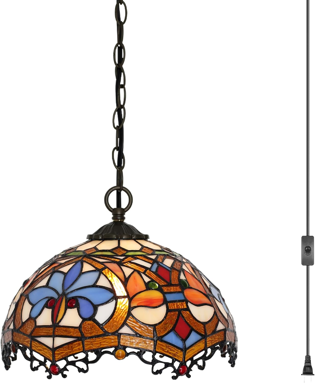 Tiffany Pendant Light Plug-in Stained Glass Hanging Lamp 12”x12”x181” Yellow Phoenix Tail Swag Light Vintage Lamp Decorative Lighting for Dining Room Living Room Kitchen Hallway