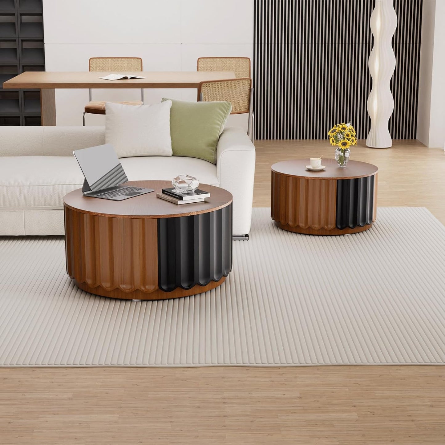Fluted Round Nesting Coffee Table Set of 2, with Storage Mid Century Modern Wood Coffee Tables,Circle Side Table Minimalist Center Tables for Living Room, Office (A1)