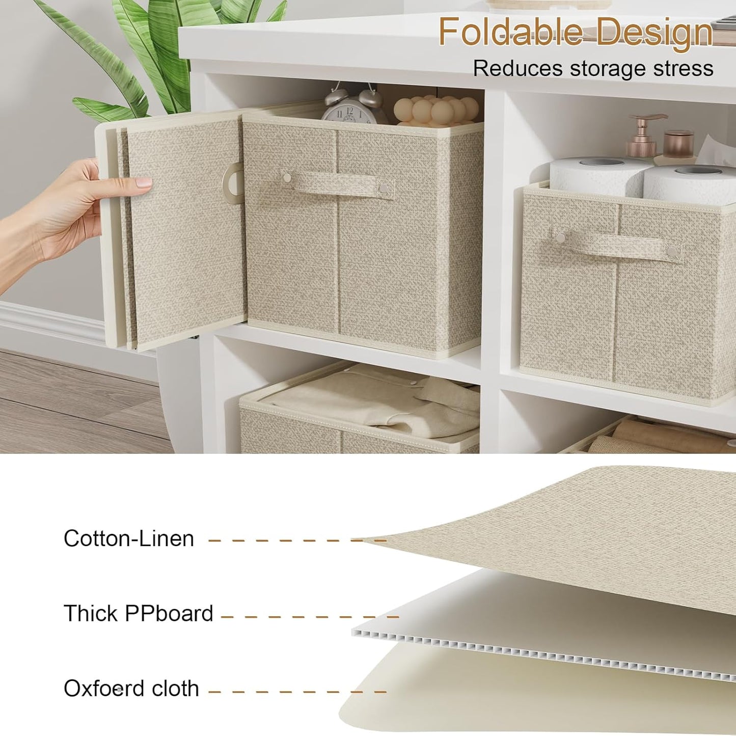 Open Storage Baskets, Collapsible Cube Bins, Fabric Container Organizer with Metal Handles, Boxes for Shelves, Closet, Living Room, 15x9.8x9.8in, Grey and Beige, 2 Pack