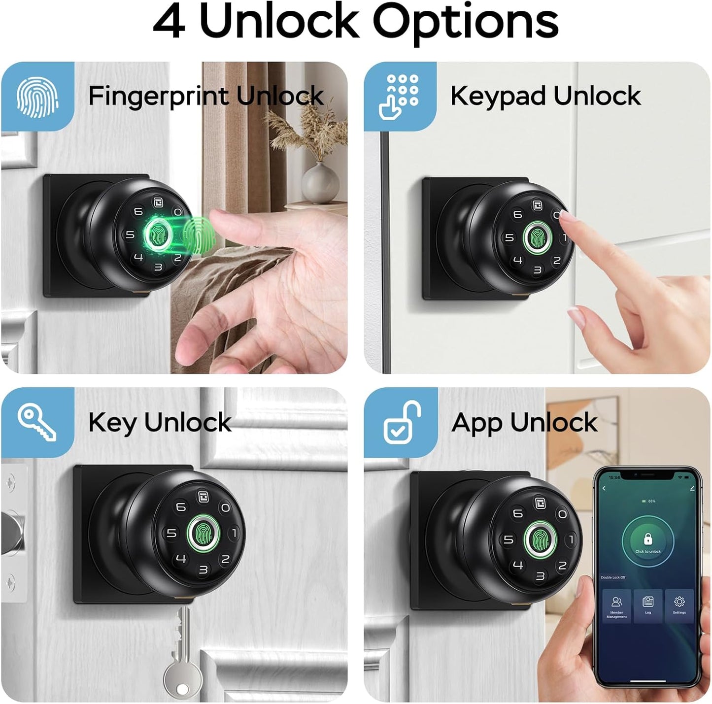 GeekTale Fingerprint Door Lock for Bedrooms, Fingerprint Door Knob with Lock, Smart Door Lock, App Control, Back-up Keys, Thumbprint Door Knob for Bedrooms, Office, Apartment