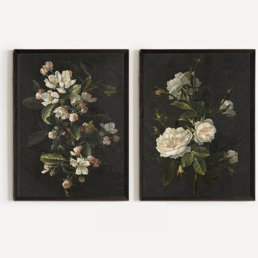 Botanical Framed Canvas Wall Art Print Set of 2, Dark Moody Home Decor, Vintage Floral Aesthetic for Bedroom, Living Room, Office, Summer Wall Art, 12in by 16in