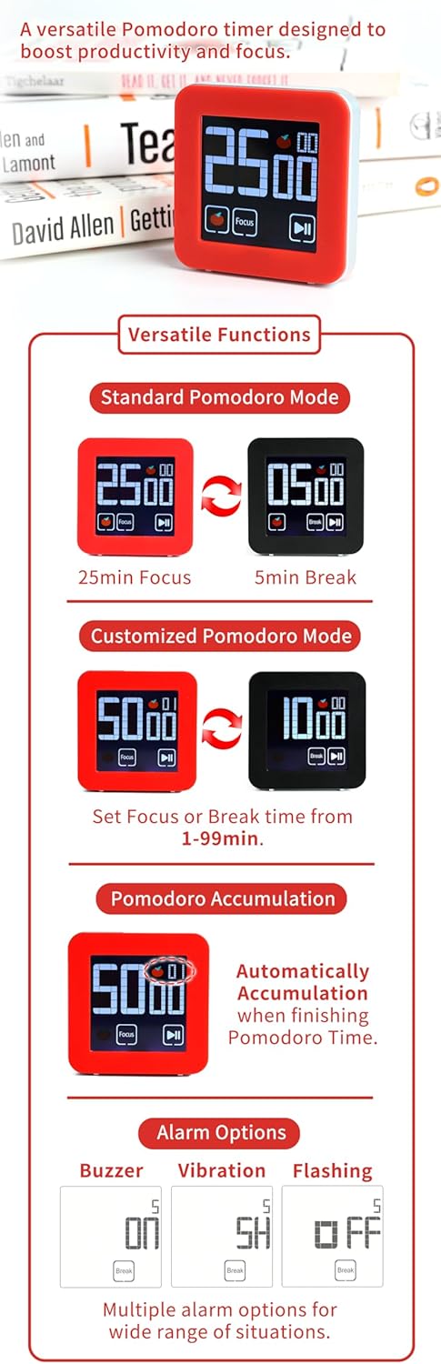 Fooocus Pomodoro Timer, Color Touch Screen, Preset/Custom Modes, Pomodoro Accumulation, Buzzer/Vibration/Flash Alarm for Work, Office, Study, Task, 25/5 min & Custom Countdown Cycle