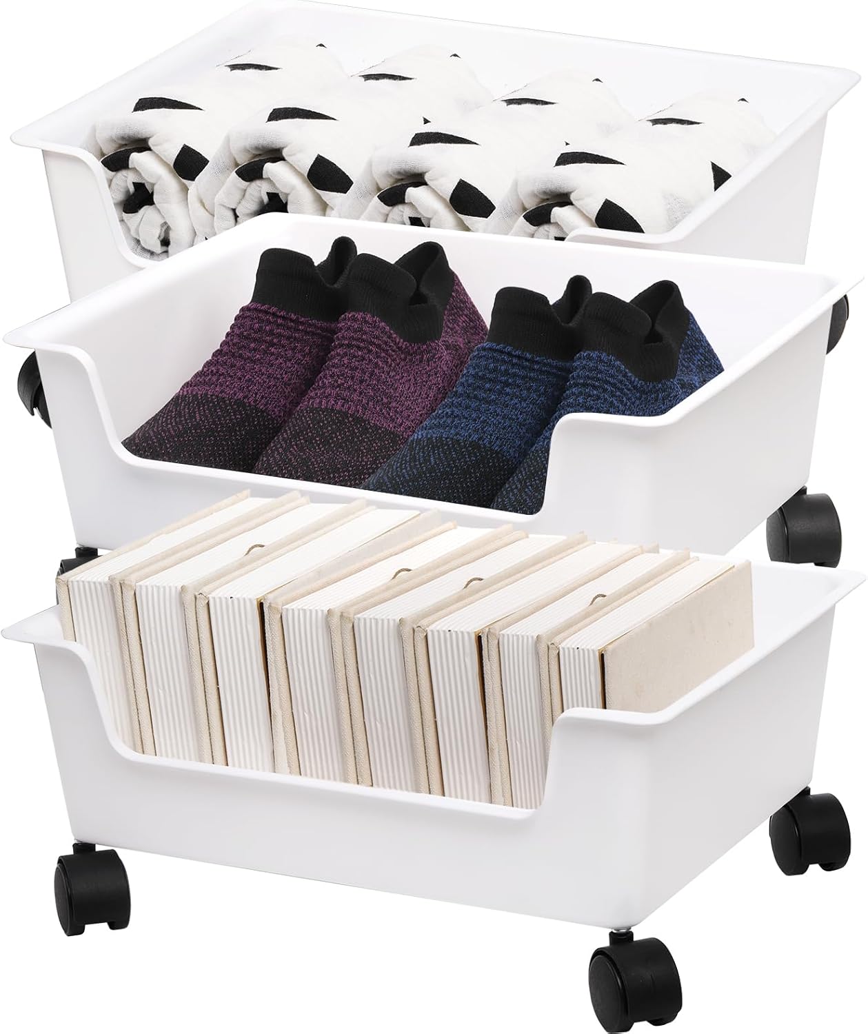 3 Pack Under Bed Storage, Underbed Toys Storage Containers with Wheels, Plastic Bedroom Storage Organization, Under Bed Storage Bins Drawer For Clothes Blankets Shoes Books, White
