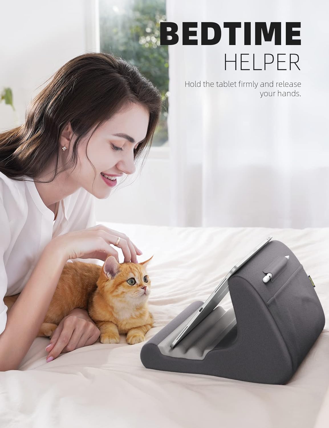 Lamicall Tablet Stand Pillow Holder - Tablet Pillow Soft Pad for Bed, Lap Phone Stand with Stylus Mount & Pocket, for iPad Pro 12.9, Air, Mini, Kindle, Galaxy Tab and 4-13" Devices, Dark Grey