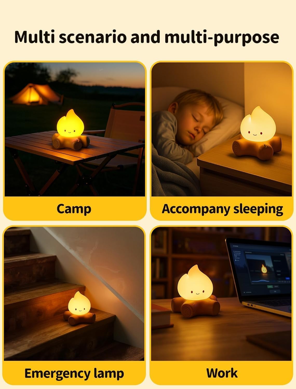 3 Pcs Campfire Night Light, Rechargeable Flame Lamp with 5 White Noise, Dimmable Flameless Candles Lights, Portable LED Ambiance Light for Camping Indoor Outdoor Holiday Decor Gifts
