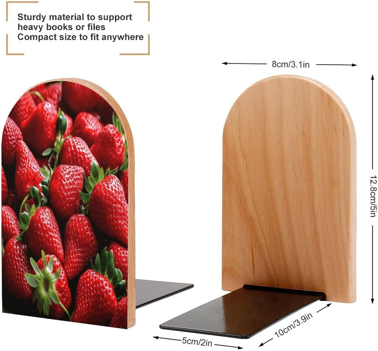 Fresh Strawberries Bookends 1 Pair Heavy Duty Book Ends for Shelves Non-Skid Bookend Supports Wooden Book Holders with Metal Base Desk Organizers Books Storage to Hold Books