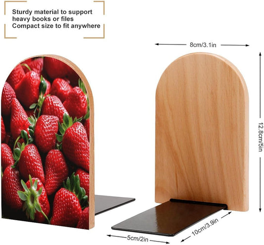 Fresh Strawberries Bookends 1 Pair Heavy Duty Book Ends for Shelves Non-Skid Bookend Supports Wooden Book Holders with Metal Base Desk Organizers Books Storage to Hold Books