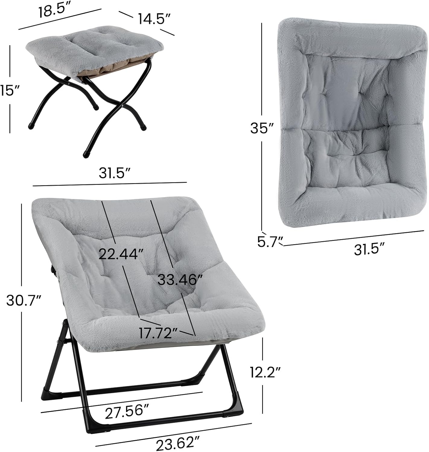 Comfy Saucer Chair for Adults, Soft Faux Fur Bedroom Chair with Ottoman, Accent Dorm Chairs, Living Room Reading Chairs and Footstool, Folding Seat for Teens, X-Large, Grey
