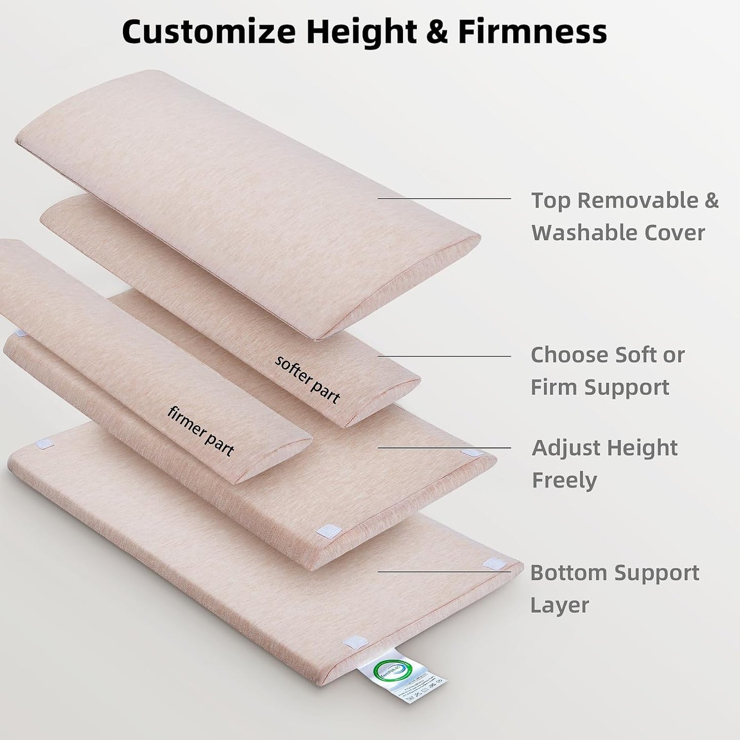 Adjustable Lumbar Support Pillow for Bed, Back Sleeping Cushion with Removable Height Layer & Dual-Firmness Inserts for Lower Back Pain Relief, Spinal Alignment & All-Night Comfort