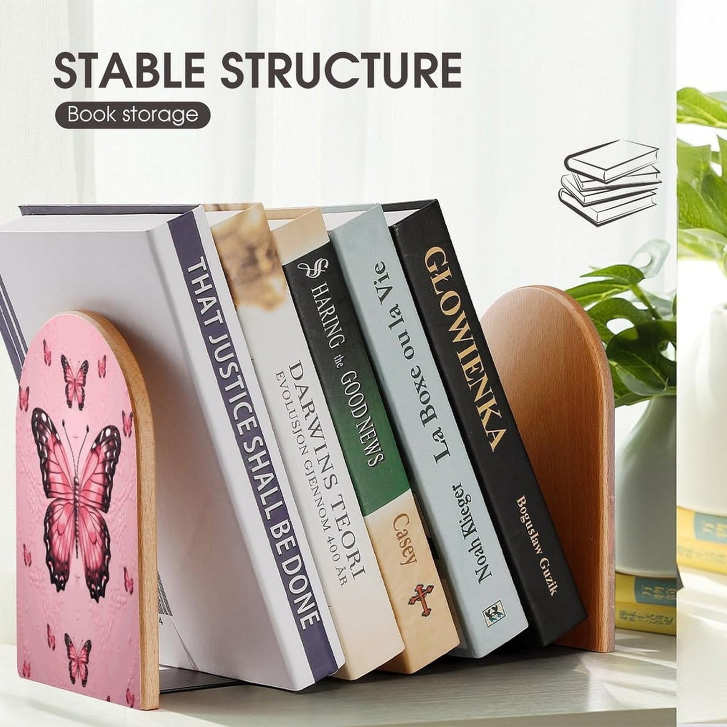 Butterfly Pink Bookend for Shelves Wooden Book End Large Size Sturdy Book Holders Stoppers with Metal Base for Bookshelves Slick Decorative Bookends Stands