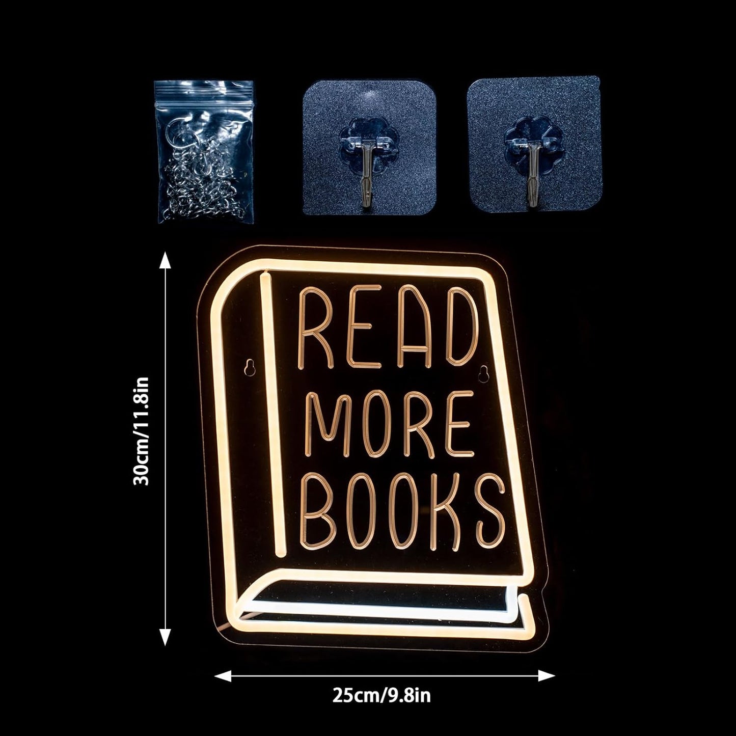 Neon Sign Read More Books, White LED Sign for Library Decor, 11 Inches x 11 Inches, Acrylic Material