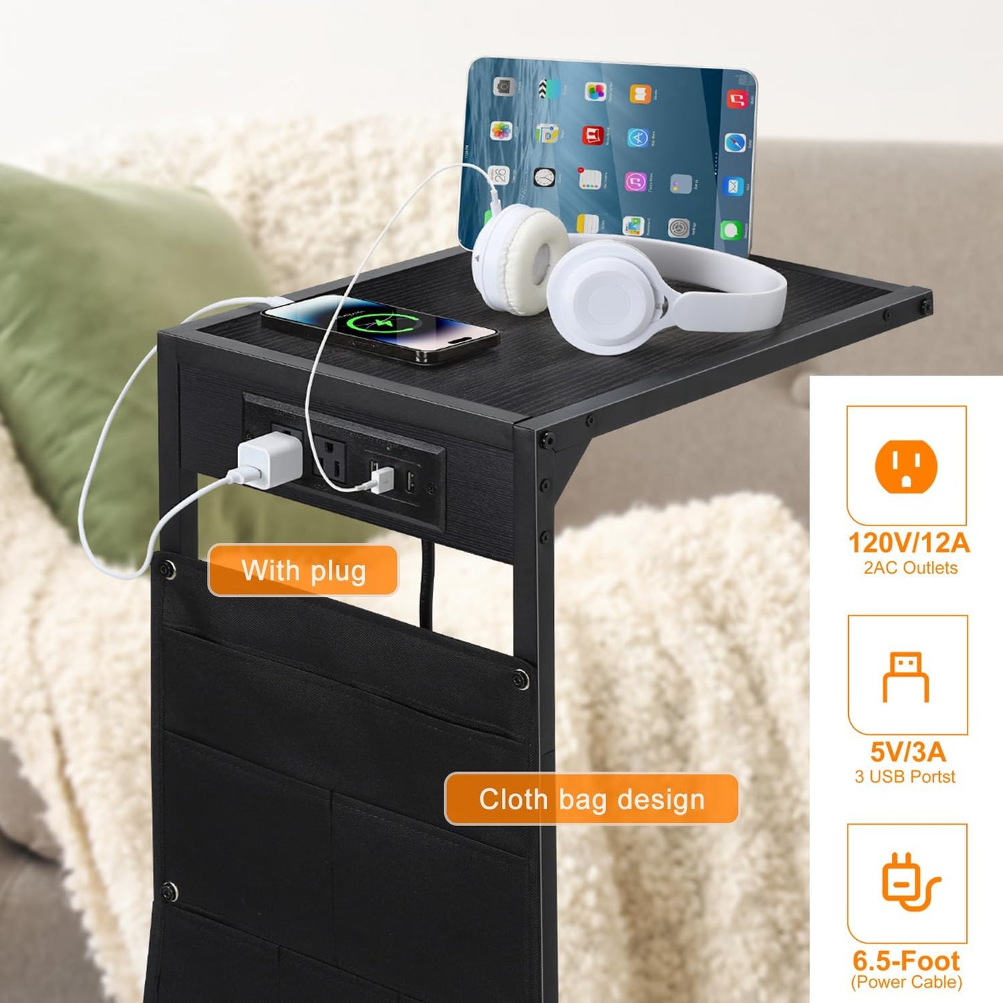 C Shaped End Table Set of 2, TV Tray with Charging Station, USB Ports and Outlets, Slide Under Couch, Storage Bag, for Small Spaces, Black