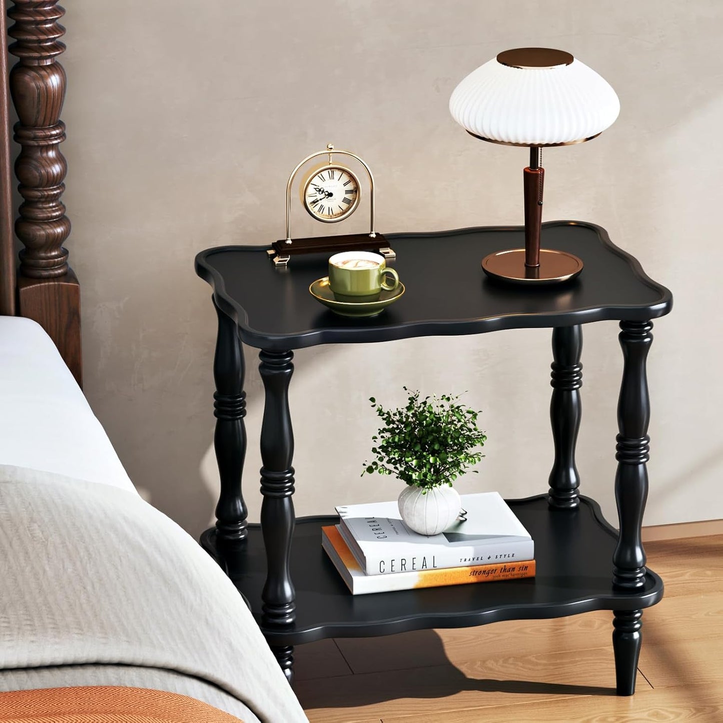 Uniclinens Solid Wood End Side Table - Small Wooden Nightstand for Living Room Bedroom, Black