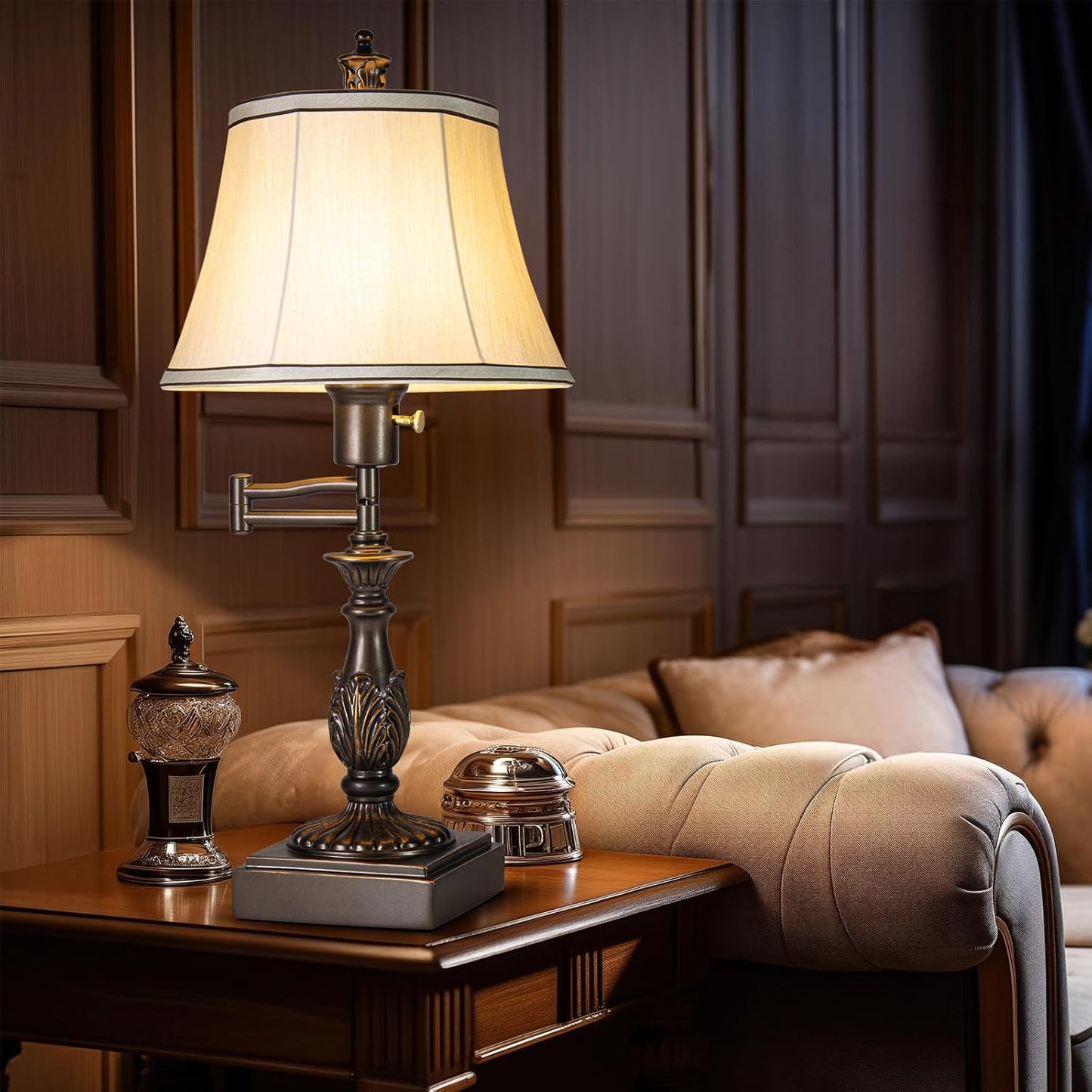 Scenekoy 23.5" High Rustic Traditional 350° Adjustable Swing Arm Table Lamp Set of 2 with USB A+C Ports Brown Finish Cream Shade Vintage Nightstand lamp for Living Room Bedroom Office (Bulb Included)