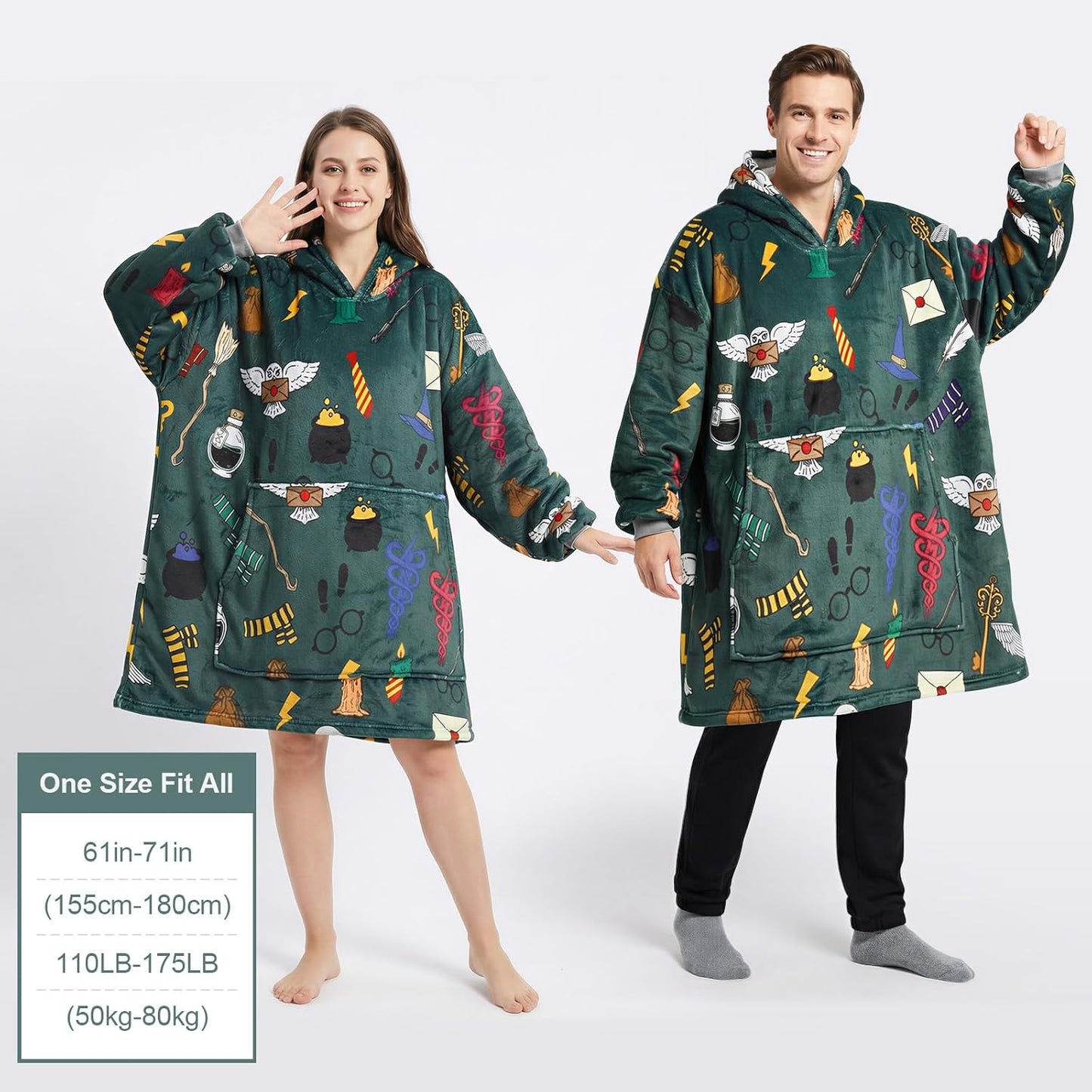 Magical Movie Theme Soft Warm Oversize Wearable Blanket Hoodies for Fans of Magical Movies and Novels, Featuring Owl, Lightning Bolt, and Eyeglass Frame Prints