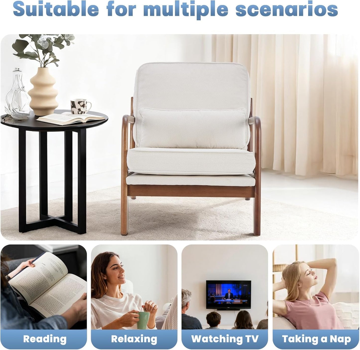 DUMOS Mid Century Modern Chair Set of 2, Accent Chair with Arms and Waist Cushion, Reading Chairs for Adults, Lounge Chair for Living Room and Bedroom, Solid Wooden Frame, Beige