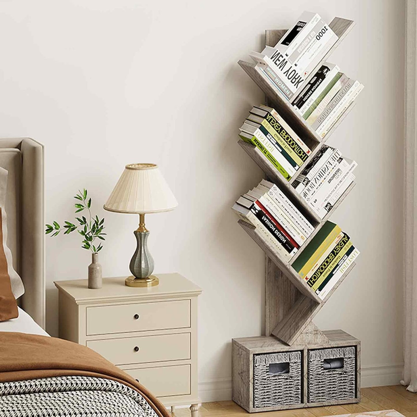 Vagusicc 6 Tier Tree Bookshelf with 2 Storage Cabinets, Tall Display Shelf Organizer for Books, Magazines, Home Decor, Narrow Wooden Floor Standing Bookcase for Living Room, Home Office, Grey