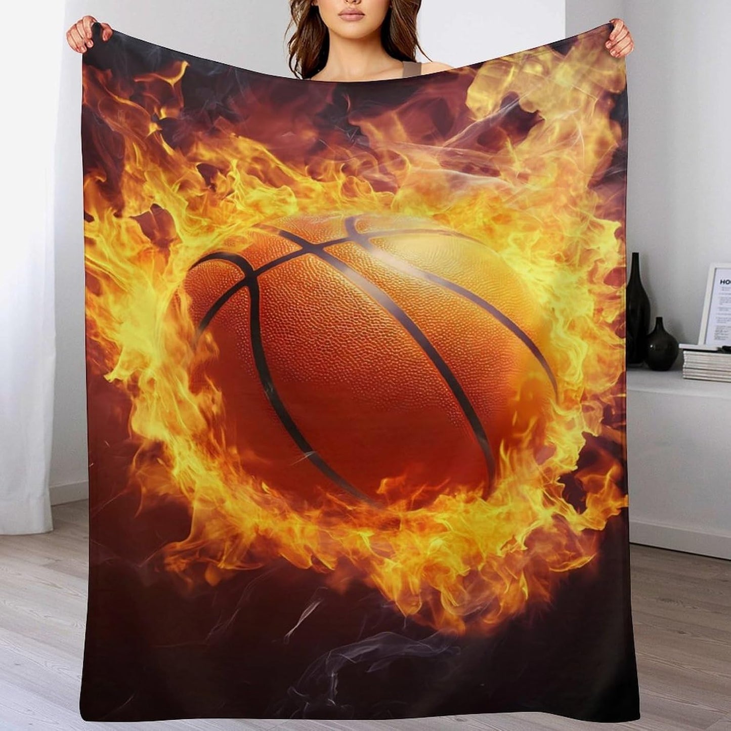 Fire Basketball Throw Blanket for Couch Bed Plush Cozy Fuzzy Flannel Blanket for All Season 66"x90"