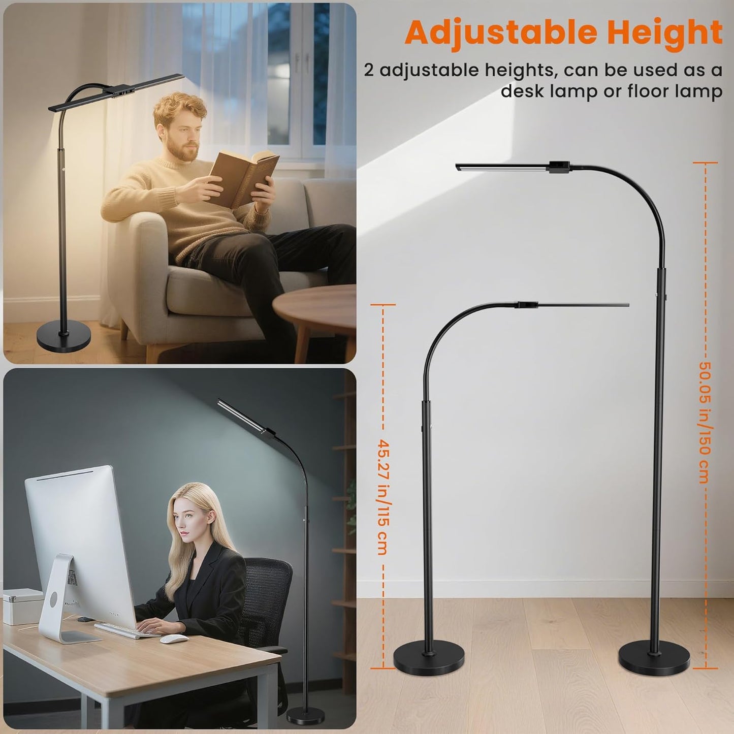 Cordless Floor Lamp LED Rechargeable - 15W Dual Head Adjustable Gooseneck Reading Light, 8000mAh Battery, Touch Control IP54 Waterproof, for Living Room, Bedroom & Emergency Lighting