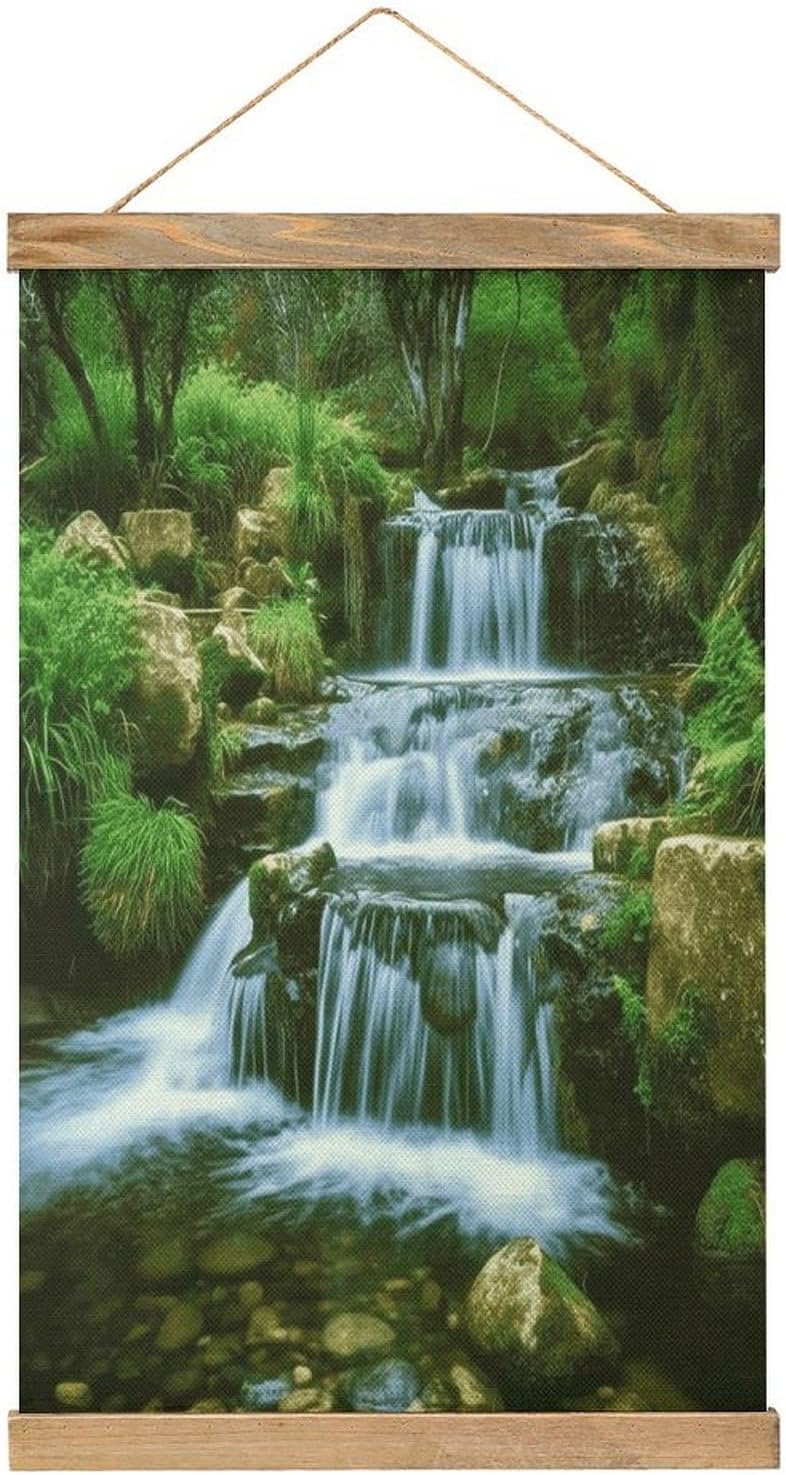Vintage Waterfall Flowing Down Poster with Wooden Frame Personalized Linen Hanging Scroll Painting Rustic Wall Hanging Illustrative Modern Artwork Decor for Home Living Room Bedroom Office