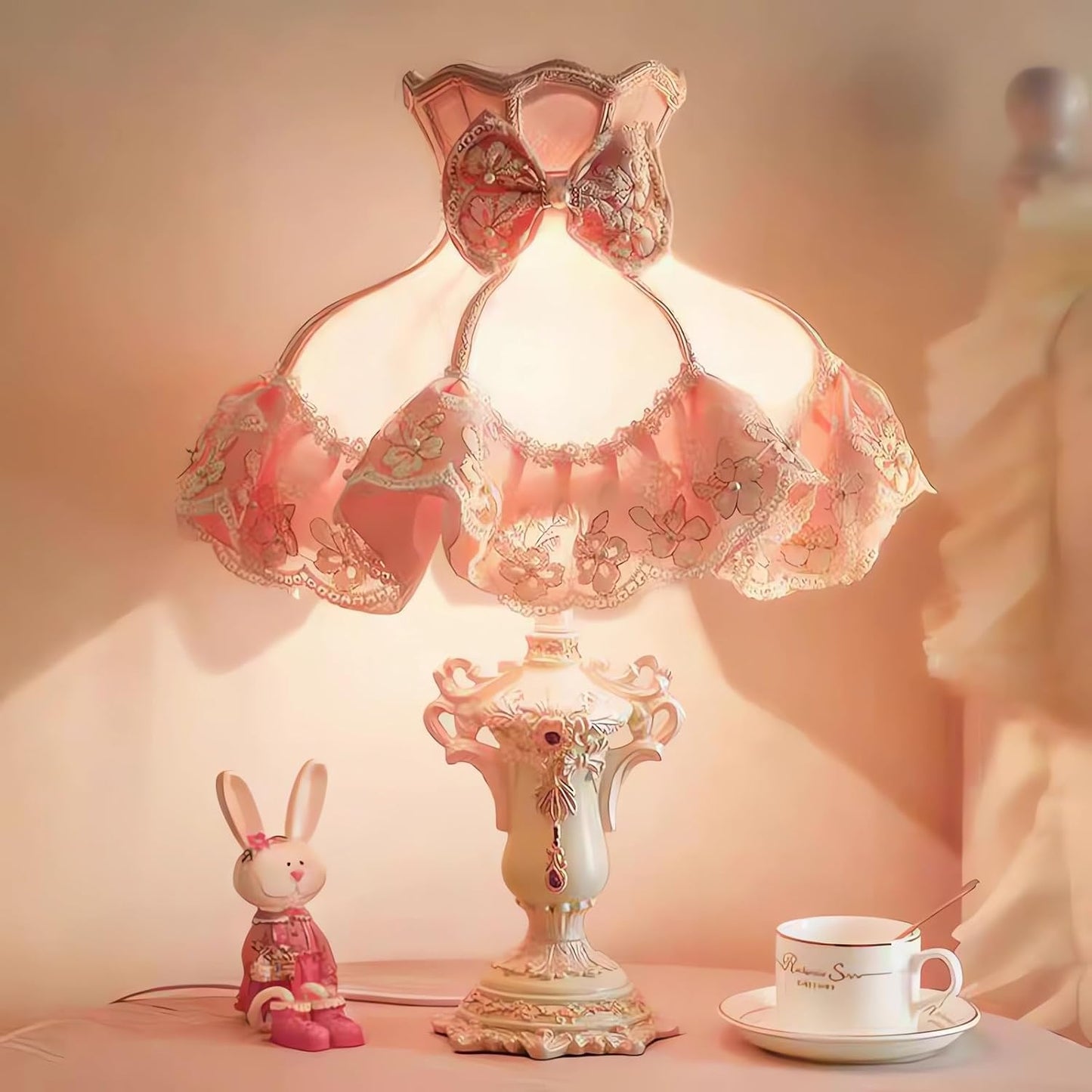 European Princess Pink Table Lamp with Fabric Shade, Resin Carved Base Bedside Nightstand Light, Vintage Romantic Bedroom Nursery Study Vanity Living Room Wedding Decor Lighting