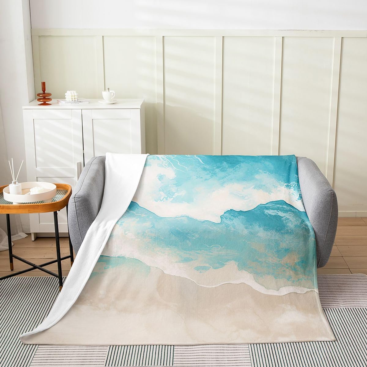 Feelyou Beach Plush Throw Blanket Teal Blue Coastal Flannel Blanket 40"x50" Ocean Beach Theme All Season for Couch Bed Sofa Bedroom Decor