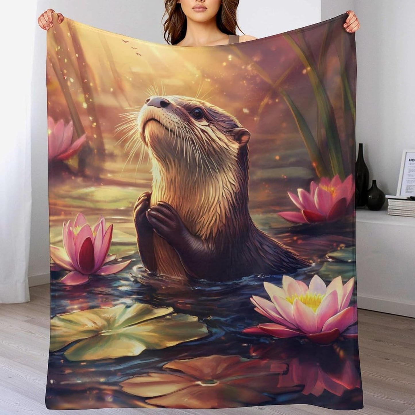 Otter Lotuses Throw Blanket for Couch Bed Plush Cozy Fuzzy Flannel Blanket for All Season 50"x60"