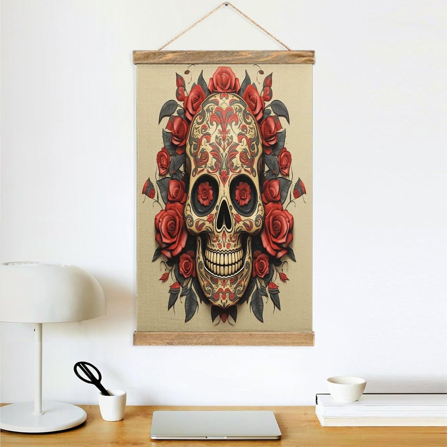 Vintage Red Rose Sugar Skull Poster with Wooden Frame Personalized Linen Hanging Scroll Painting Rustic Wall Hanging Illustrative Modern Artwork Decor for Home Living Room Bedroom Office